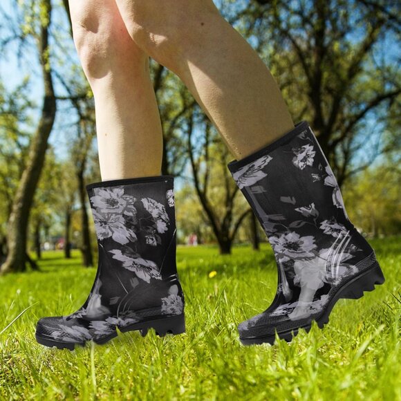 Women's White Flower Lightweight Rubber Fashion Wide Calf Waterproof Rain Boots - Picture 4 of 6